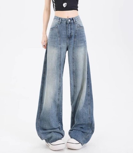 Women's Blue Denim Jeans Straight Leg Casual Pants Trousers Hip Hop Pants Retro - Picture 2 of 5