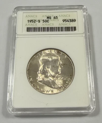 1952-S FRANKLIN SILVER HALF DOLLAR ANACS MS65 in Old Soapbox Holder