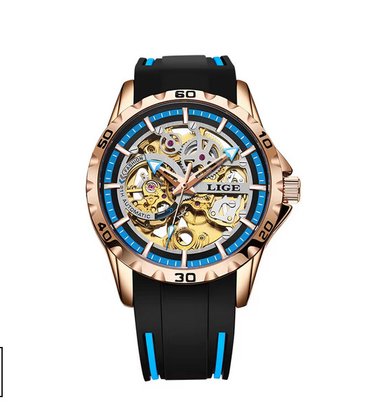 Montre automatique homme LIGE sans pile finitions or rose et silicone bleu durable