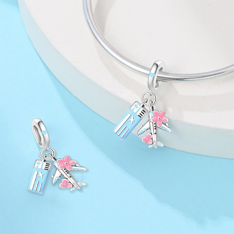 KUNSIR 925 Sterling Silver Airplane Passport Pendant Charm For Women Bracelet 