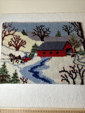 Vtg Christmas Log Cabin Latch Hook Very Large Winter Country Rustic Rug 42x31"