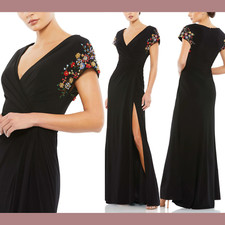 NWT $498 IEENA Mac Duggal [ 0 ] Embellished Sleeve Jersey Wrap Gown Black Q740