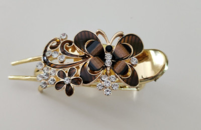 ELEGANT BUTTERFLY HAIR CLIP Floral Rhinestones Gold-Tone Bronze Black Brown NEW