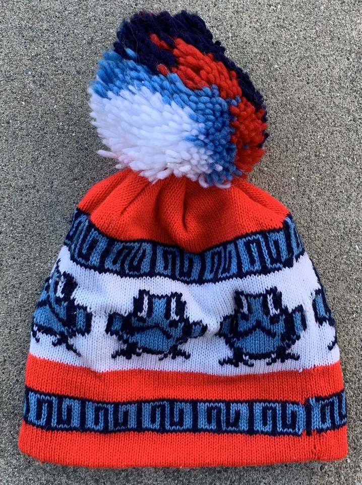 vintage acrylic knit beanie hat frog frogs red white blue pompom pom - Image 2 of 4