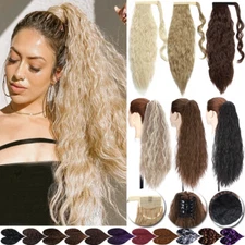 US Real Ponytail Wrap Claw Clip In Hair Extensions Afro Wavy Pony Tail As Human