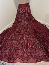 burgundy 4way stretch sequins Embroidery Mesh Lace fabric 50  Width 1 Yard