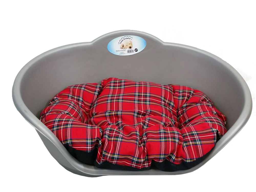 EXTRA LARGE PLASTIC SILVER GREY PET BED WITH RED TARTAN CUSHION DOG CAT  BASKET