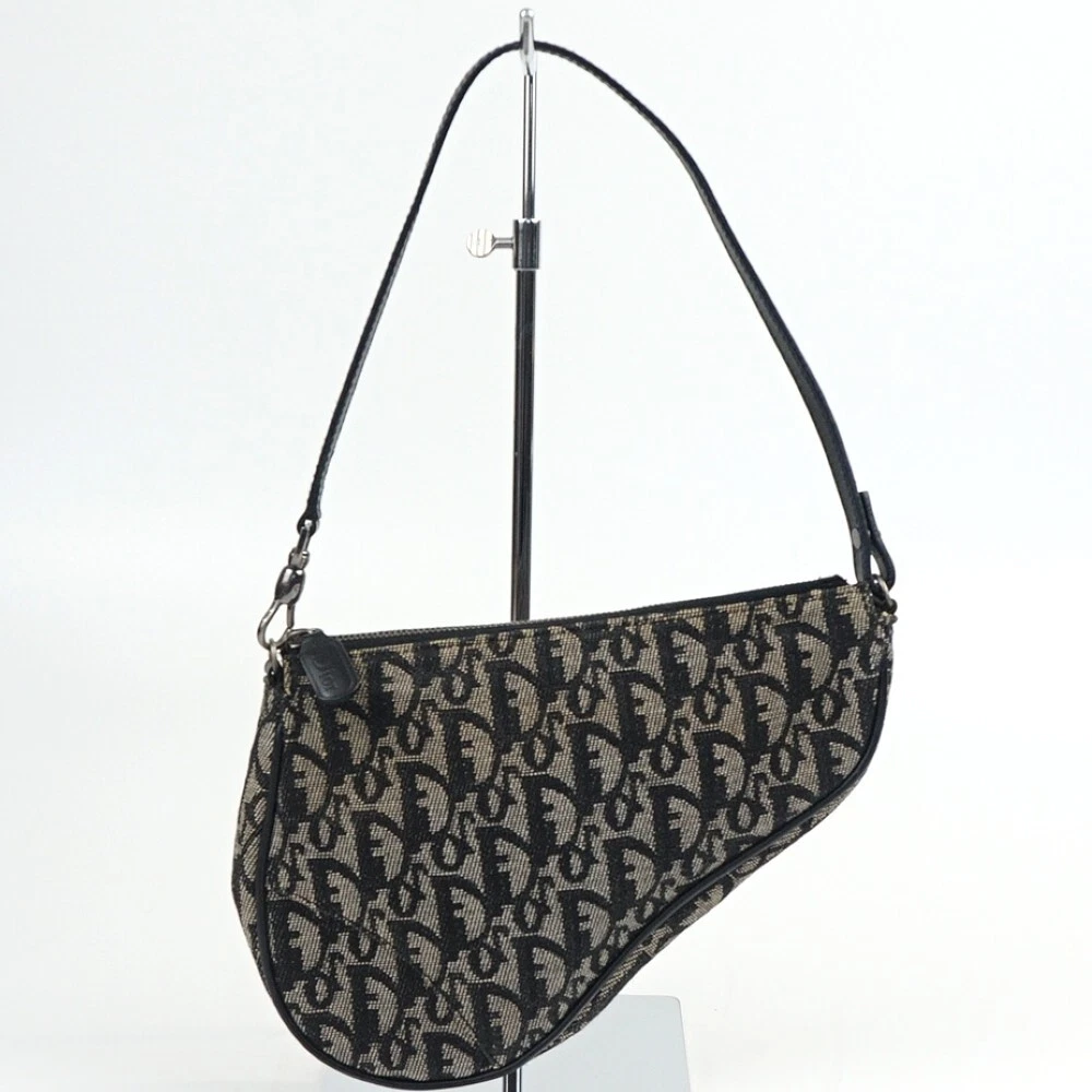 Sacoche selle Christian Dior Trotter une épaule toile noire cuir fermeture éclair femme