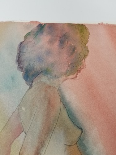 Nude Pregnant Woman Leaning Watercolor Muted Rainbow Sky 1978 Afro Hair 1970s - Picture 2 of 7