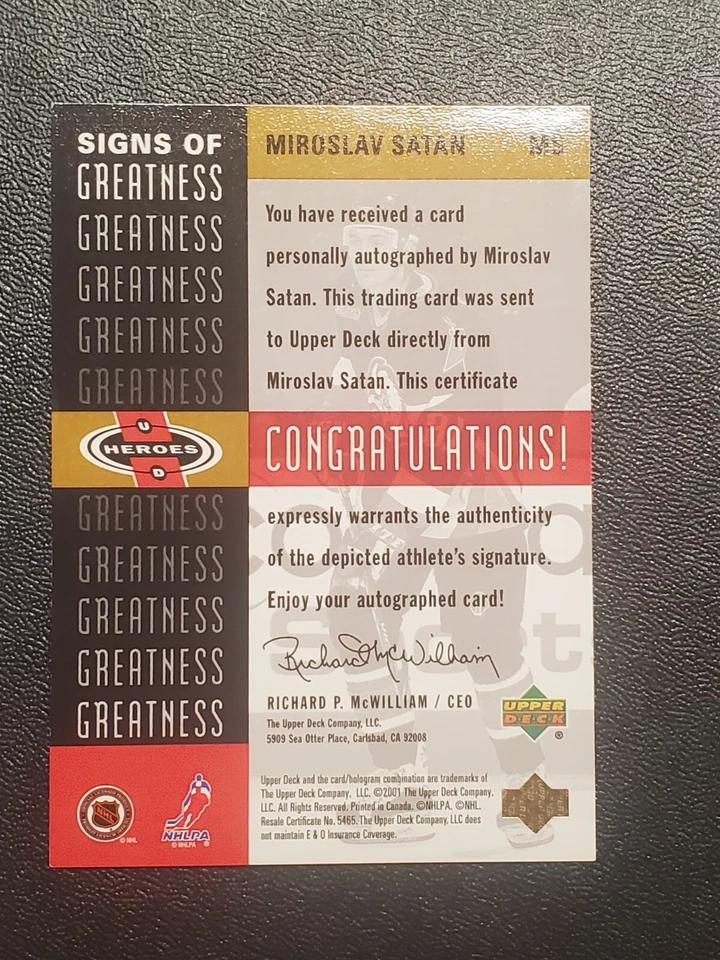 2000-01 Upper Deck Heroes Signs of Greatness Мирослав Сатана MS Редкая - Изображение 2 из 2