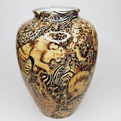 La Vie Animal Safari 10.5'' Vase Browns Black Lion Zebra Giraffee Cheetah Glossy