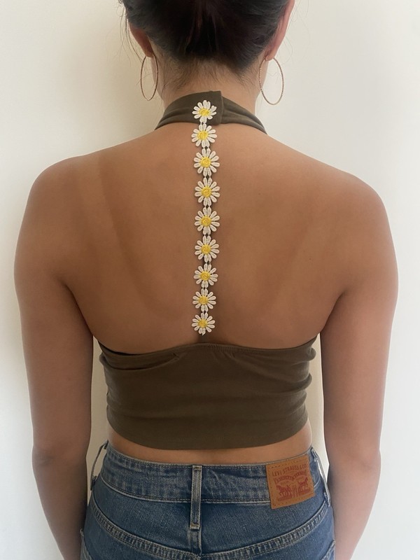 Green Halter Daisy Back Crop Tank Top S
