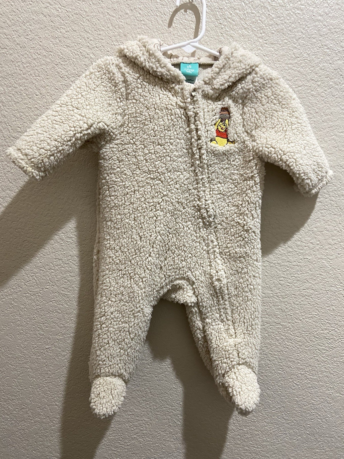 Disney Baby Winnie the Pooh Ivory Fleece Hooded Zip Coverall 3-6M Long Sleeve