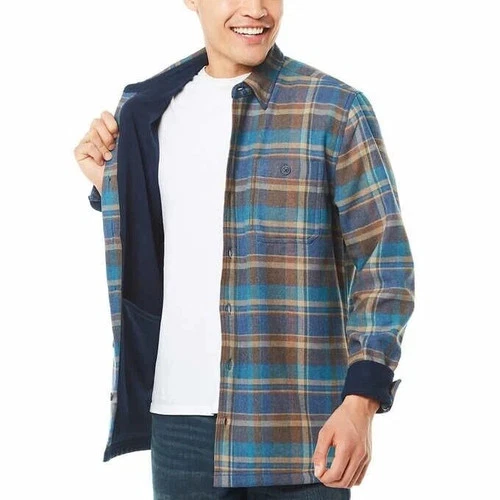Weatherproof Men's S Flannel Plaid Fleece Blue Brown Button Down Barn Jacket video thumbnail