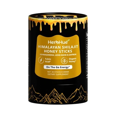 HerbHue Shilajit Honey Sticks 30 Pack | Fulvic Acid | Natural Energy Boost