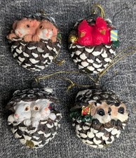 Vtg Woodland Pinecone Animal Ornaments Set of 4 Country Rustic Christmas 2