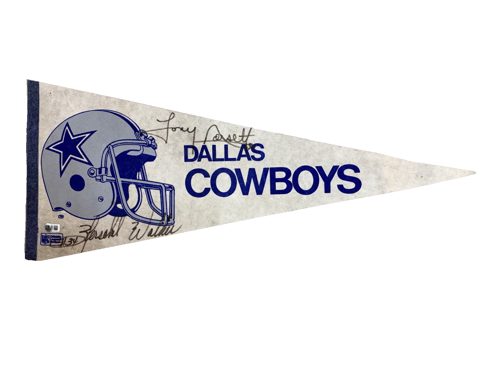 Tony Dorsett and Herschal Walker Autographed Signed Dallas Cowboys Herschel Walker & Tony Dorsett Pennant Beckett 12x29.75 