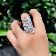 Top Adjustable Cubic Zircon Big Feather Finger Ring Women Silver Plated Jewelry