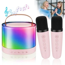 Mini Karaoke Machine for Kids, Bluetooth Speaker with 2 Wireless Microphones,...