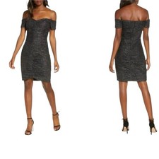 Eliza J Black Glitter Sparkle Ruched Dress Off Shoulder Womens 12 NWT