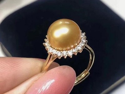 New Natural AAAA 9-10mm Genuine South Sea Golden Stud Pearl Ring Adjustable