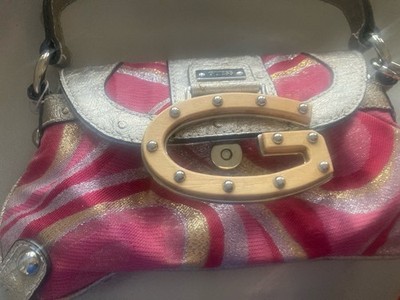 Guess Pink and Silver Sparkly handbag with  Wood Logo Accent