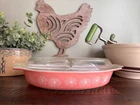 Vintage Pyrex Pink Daisy 1.5 qt Oval Divided Casserole Dish & Lid
