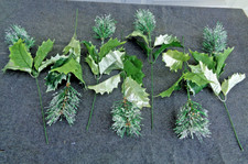 Green Frosted Faux Pine  Holly Floral Picks 14" - Lot of 7