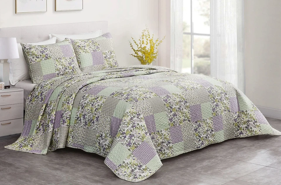 Juego de edredón de retazos estampado Daisy de 3 piezas - caramelo botánico mariposa púrpura... Foto 2 de 4