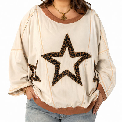 BiBi Star Patch Pullover Sweatshirt Women Size 3X Cream Peach Casual Slouchy Top
