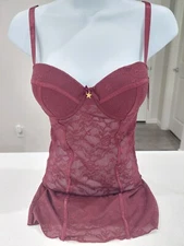 Fredericks Of Hollywood Fame Lace Corset Women M Bustier Mesh Lingerie Wine Red