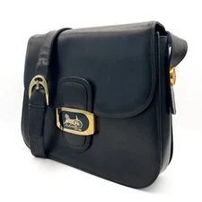 CELINE Vintage Horse Carriage Buckle Leather Shoulder Bag Black Authentic