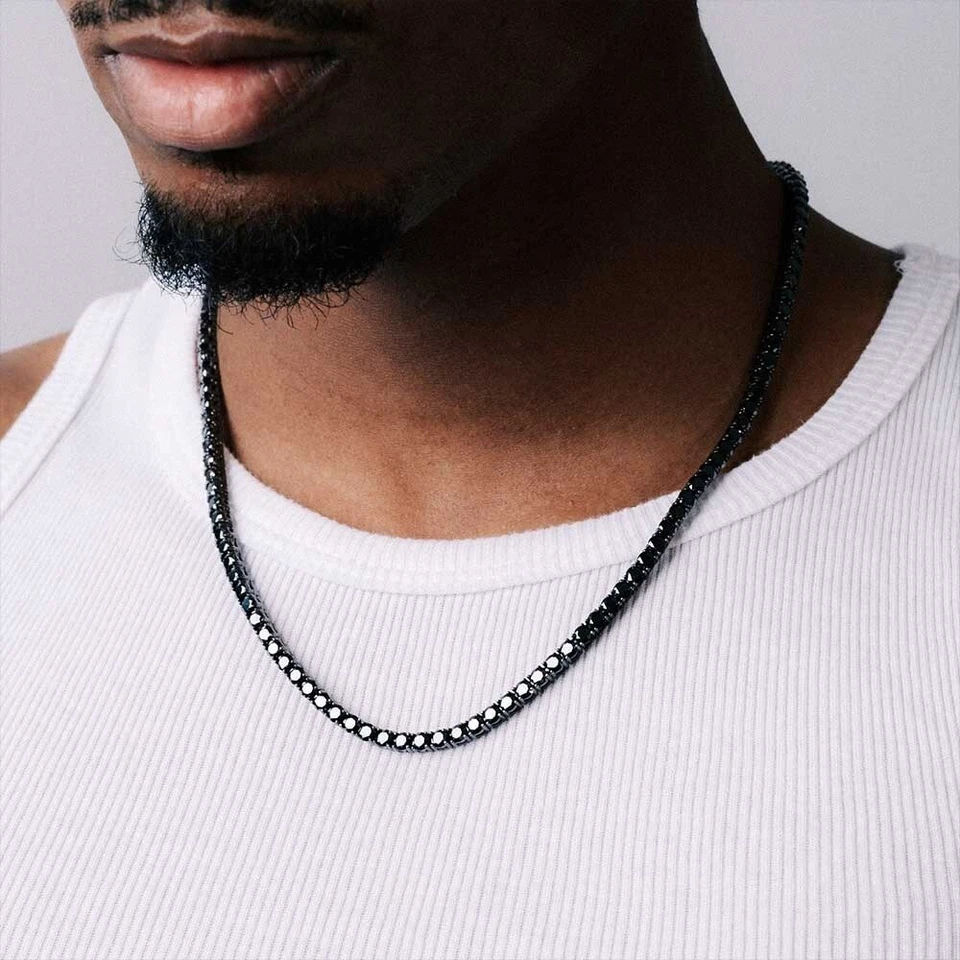 Collar de tenis para hombre 55 ctw corte redondo espinela negra enchapado en oro negro 14K 22" Foto 2 de 4