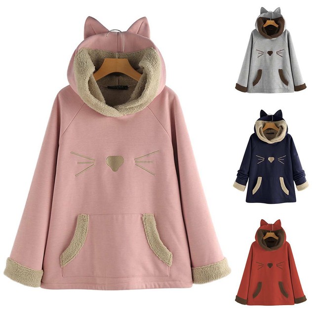 Womens Cat Ear Hoodie Thick Winter Warm Hooded Coat Long Sleeve