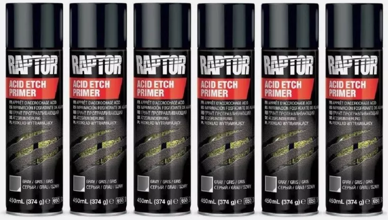 6x Upol RAPTOR Acid ETCH GREY Primer 450ml Aerosol Fast Drying No Sanding needed