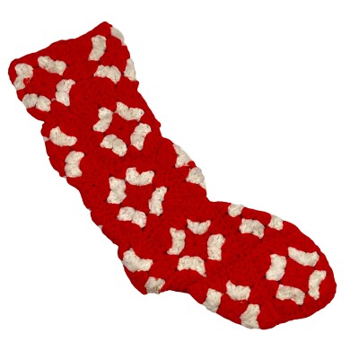 Vintage Crochet Christmas Stocking Chunky Granny Square Red White 16 in Holiday