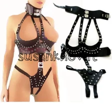 Female Lingerie Body Harness Black PU Leather Corset Cupless Chest Cage Garter