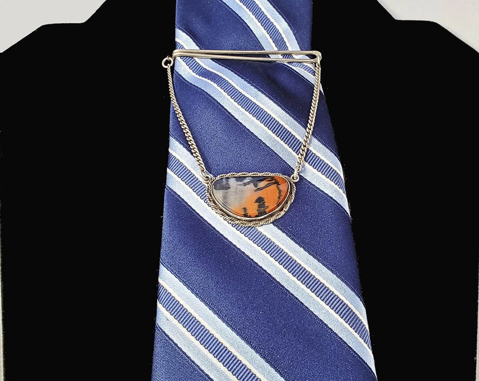 Clip de barra de corbata de madera petrificada navajo vintage de plata esterlina para hombre Foto 3 de 4