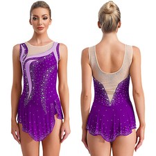 Women Unitard Training Dress Rhinestone Rompers Dance Bodysuit Splice Leotard