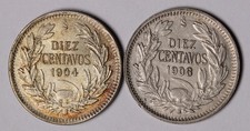 1904 & 1908 Chile Silver 10 Centavos Coins  KM# 156.2 & KM# 156.2a