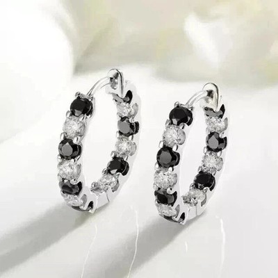3Ct Round Lab Created Black & White Diamond Hoop Earrings 14K White Gold Plated