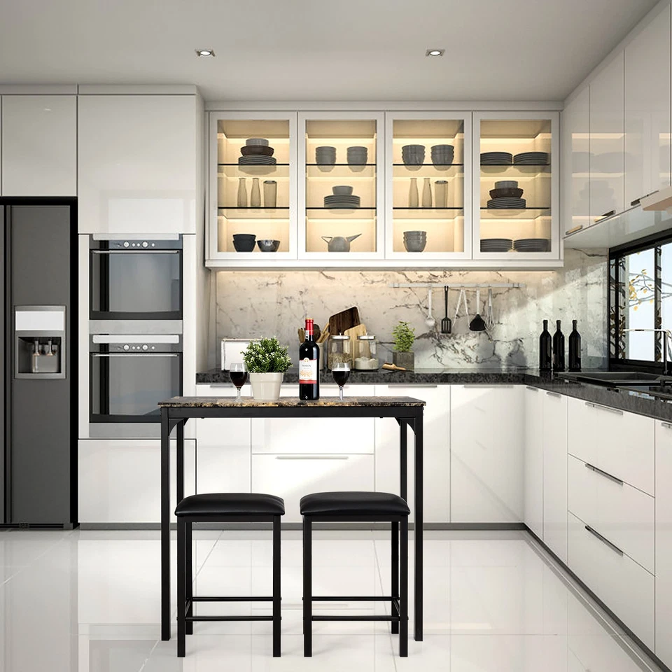 3 PCS Counter Height Table Set 2 Chairs Dining Room Faux Marble Brown - Image 3 of 4