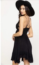Free People Adella Slip Dress Black Lace Crochet Boho Mini Strappy NWT, size Sm