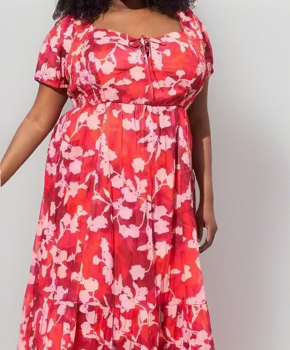 Torrid Floral Clip Dot Lace Up Smocked Midi Dress Short Sleeve Peasant Size 0 - Picture 1 of 7