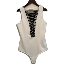 SAN JOY Satin Corset Lace Up Bodysuit w Gold Hardware, White- M
