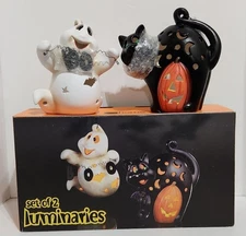 Set of 2 Vintage Ceramic Halloween Luminaries Black Cat & Ghost Sit or Hang