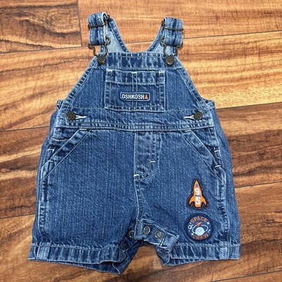 OSHKOSH Denim Shortalls 0-3 Months Overalls Shorts Blue Jean Rocket Space Crew