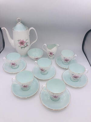 Very 16pc Royal Albert Elfin Tea Demitasse Set Bone China England Aqua Pink Gold
