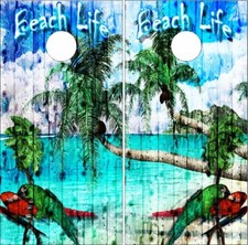 Beach Parrot Palm Trees Wood Cornhole Wrap Bag Toss Skin Decal Sticker Wraps