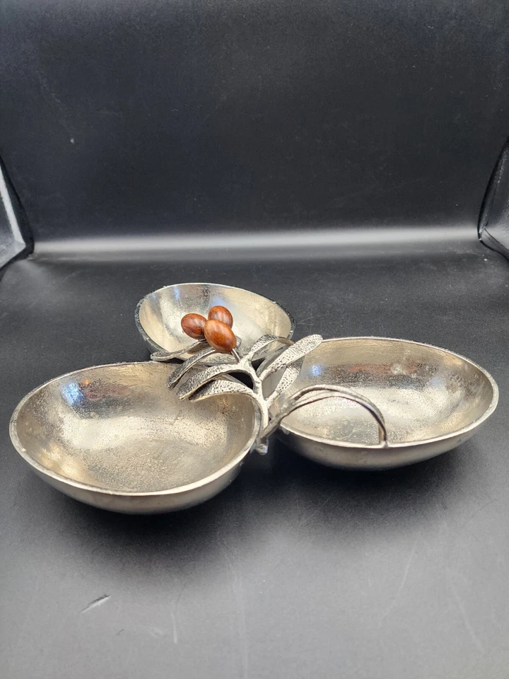 Mudpie Olive Branch Triple Section Nut Candy Dip Appetizer Aluminum Wood Olives - Image 2 of 4
